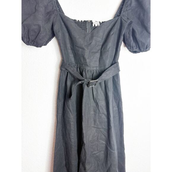 Reformation Tien Linen Midi Dress Size 2 Black Puff Sleeve Belted Cottagecore - Picture 9 of 13